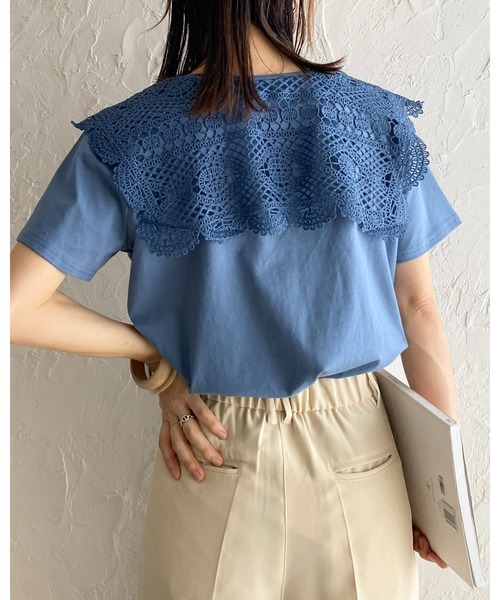 She's Closet（シーズクローゼット）の「クロシェ編みレースビッグ襟セーラーカラー半袖Tシャツ（Tシャツ/カットソー・レディース・ブラック/オフホワイト/ブルー・FREE）」の17枚目の写真