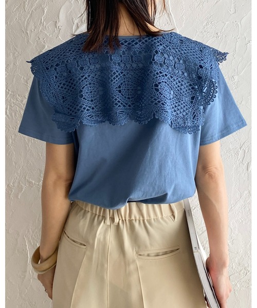 She's Closet（シーズクローゼット）の「クロシェ編みレースビッグ襟セーラーカラー半袖Tシャツ（Tシャツ/カットソー・レディース・ブラック/オフホワイト/ブルー・FREE）」の18枚目の写真