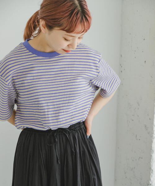 ITEMS URBANRESEARCH（アイテムズ アーバンリサーチ）の「カラーボーダー ワッフルTシャツ（Tシャツ/カットソー・メンズ・ベージュ/ホワイト/グリーン・LARGE/MEDIUM）」の3枚目の写真