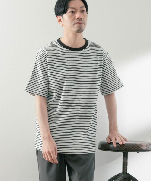 ITEMS URBANRESEARCH（アイテムズ アーバンリサーチ）の「カラーボーダー ワッフルTシャツ（Tシャツ/カットソー・メンズ・ベージュ/ホワイト/グリーン・LARGE/MEDIUM）」の4枚目の写真
