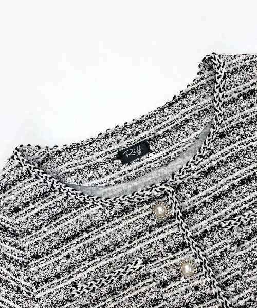 セール】サマーツイード地パールボタンJKT(ノーカラー セール】サマーツイード地パールボタンJKT(ノーカラー