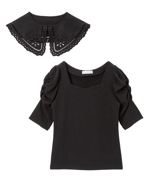 DearMyLoveRose（ディアマイラブローズ）の「レース付け襟セットパワショルカットソー（Tシャツ/カットソー・レディース・ホワイト/オフホワイト/ベビーピンク/クリアブラック/ブラック・MEDIUM/XX-LARGE/LARGE/X-LARGE）」の7枚目の写真