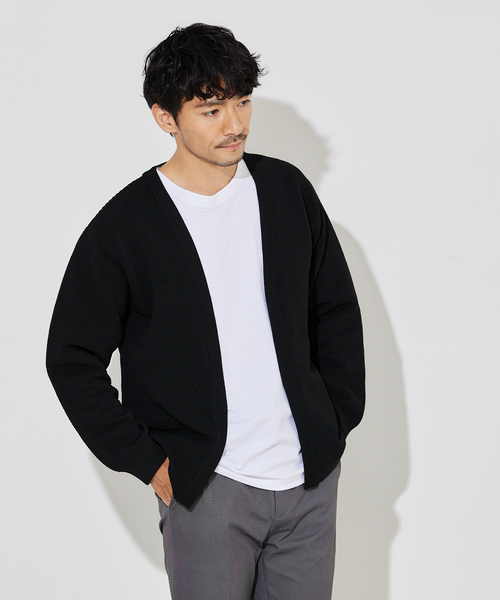 ABAHOUSE GRAY（アバハウスグレイ）の「【ウォッシャブル】リップルボーダー ボタンレス ニット カーディガン（カーディガン/ボレロ・メンズ・グレイッシュベージュ/グリーン/ネイビー/ブラック・46/48）」の2枚目の写真