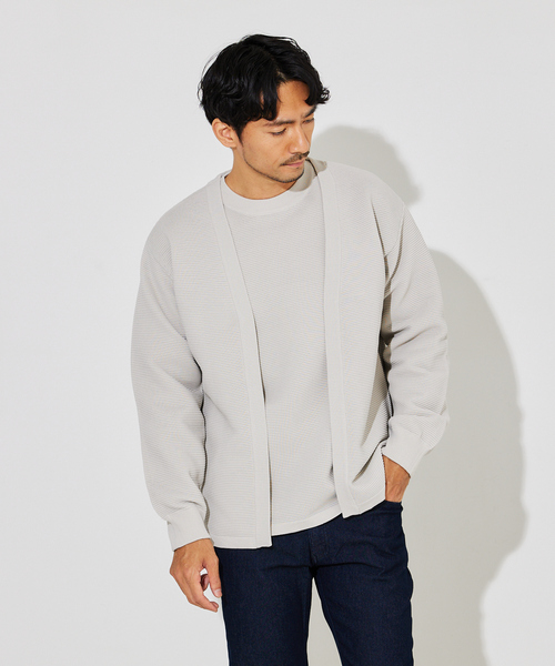 ABAHOUSE GRAY（アバハウスグレイ）の「【ウォッシャブル】リップルボーダー ボタンレス ニット カーディガン（カーディガン/ボレロ・メンズ・グレイッシュベージュ/グリーン/ネイビー/ブラック・46/48）」の12枚目の写真