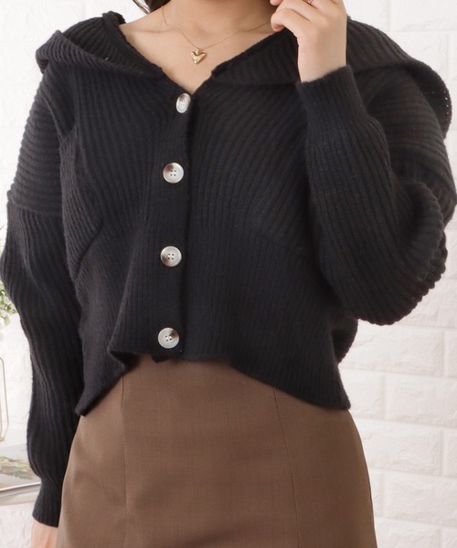 Lace Ladies(レースレディース)の「ポケット付きフーデットショートニットカーディガン(ニット/セーター・レディース・ピンク/ブラック/グリーン/ベージュ/ホワイト/グレー・FREE)」の7枚目の写真
