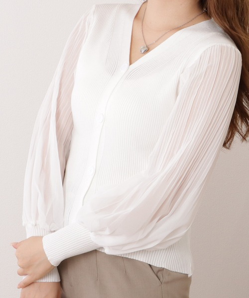 セール】シフォンプリーツドッキングVネックカーディガン  