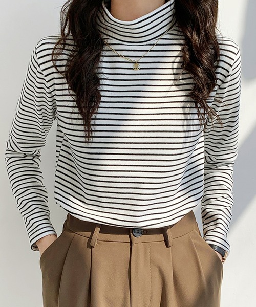 Girly Doll(ガーリードール)の「ハイネックボーダーカットソー(Tシャツ/カットソー・レディース・ブラウン/グレー/ホワイト/ブラック/ベージュ・FREE)」の2枚目の写真