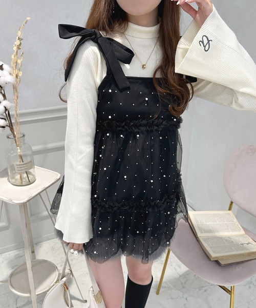 apres jour(アプレジュール)の「ビジュー付き肩リボンチュールチュニック【ZOZOTOWN限定アイテム】(その他トップス・レディース・グレー/アイボリー/ブラック・X-LARGE/フリー)」の2枚目の写真