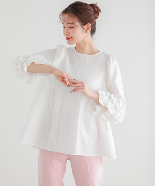 Fit more（フィットモア）の「袖フリルサイドギャザーフレアブラウス（シャツ/ブラウス・レディース・ホワイト/ブラック/ピンク・FREE）」の4枚目の写真