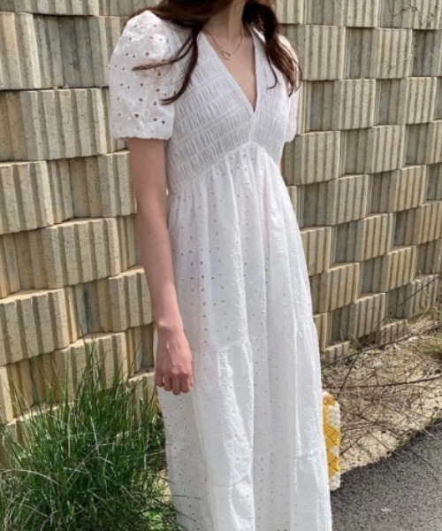 花レースシャーリングフレアワンピース