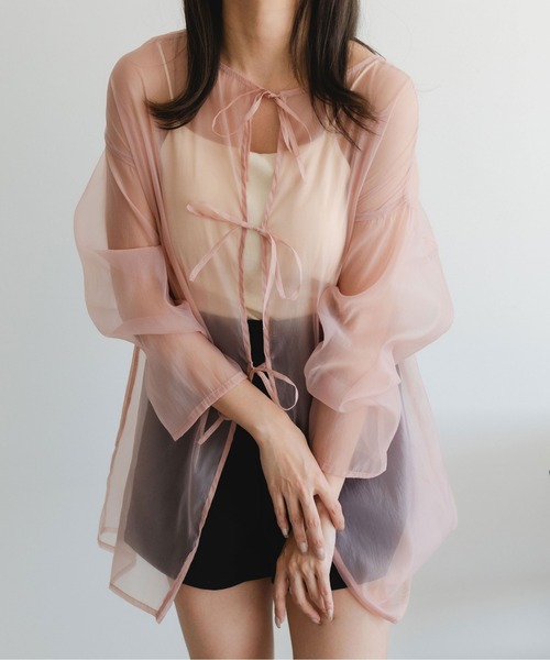 fupel（フぺル）の「2WAYシアーリボントップス（シャツ/ブラウス・レディース・ライトベージュ/グレイッシュブルー/ライトブラウン/ピンク・FREE）」の4枚目の写真