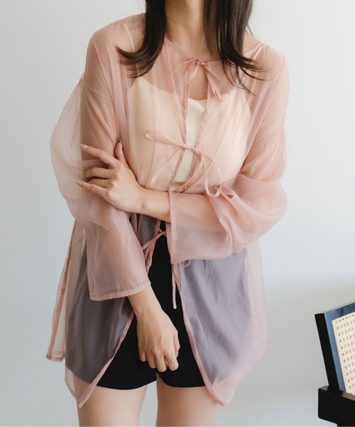 fupel（フぺル）の「2WAYシアーリボントップス（シャツ/ブラウス・レディース・ライトベージュ/グレイッシュブルー/ライトブラウン/ピンク・FREE）」の5枚目の写真