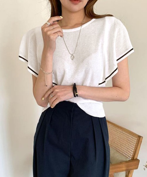 Miniministore(ミニミニストア)の「ラッフルスリーブ サマーニット 韓国夏服(ニット/セーター・レディース・ブルー/ホワイト/ダークベージュ・FREE)」の1枚目の写真