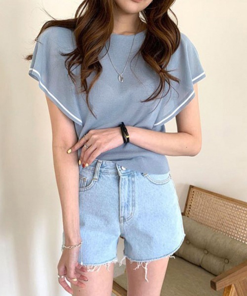 Miniministore(ミニミニストア)の「ラッフルスリーブ サマーニット 韓国夏服(ニット/セーター・レディース・ブルー/ホワイト/ダークベージュ・FREE)」の3枚目の写真