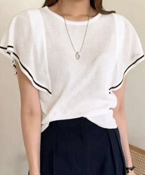 Miniministore(ミニミニストア)の「ラッフルスリーブ サマーニット 韓国夏服(ニット/セーター・レディース・ブルー/ホワイト/ダークベージュ・FREE)」の4枚目の写真