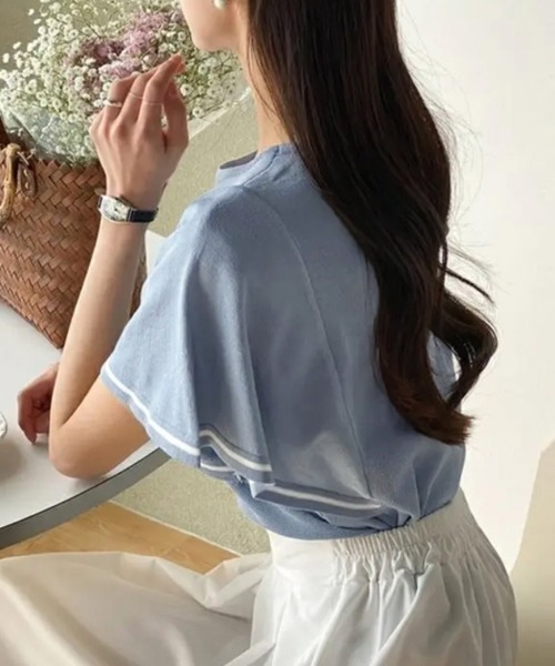 Miniministore(ミニミニストア)の「ラッフルスリーブ サマーニット 韓国夏服(ニット/セーター・レディース・ブルー/ホワイト/ダークベージュ・FREE)」の5枚目の写真