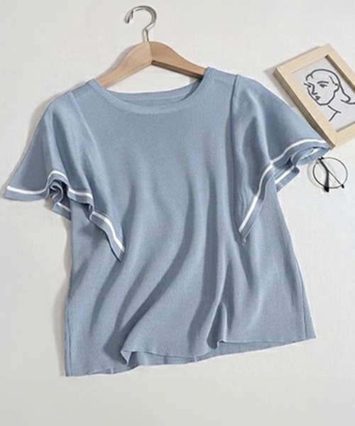 Miniministore(ミニミニストア)の「ラッフルスリーブ サマーニット 韓国夏服(ニット/セーター・レディース・ブルー/ホワイト/ダークベージュ・FREE)」の10枚目の写真