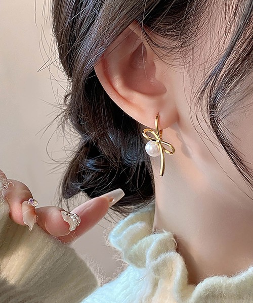 リボン パール ピアス エターナルリボンパールピアス | 金属アレルギーに悩む女性向け