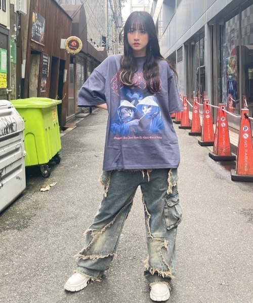 MAHAGRID（マハグリッド）の「『mahagrid/マハグリッド』 SMOKING CAT TEE/スモーキング猫 Tシャツ（Tシャツ/カットソー・レディース・ブラック/ネイビー・M/L/S）」の17枚目の写真