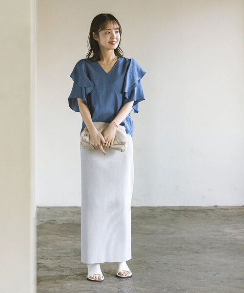 美品 ノーブル 24SS ファジーリネンラッフルブラウス Noble - ノーブル 24SS ファジーリネンラッフルブラウス 白 /MI
