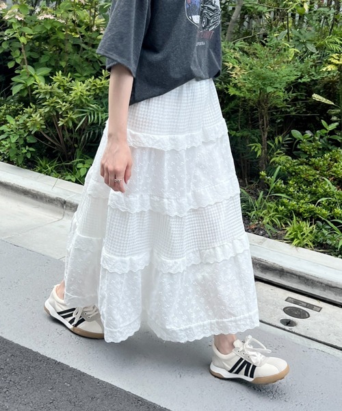 セール】コットンフラワーレースティアードスカート（スカート
