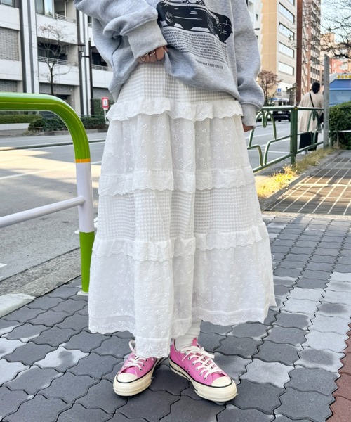 セール】コットンフラワーレースティアードスカート（スカート
