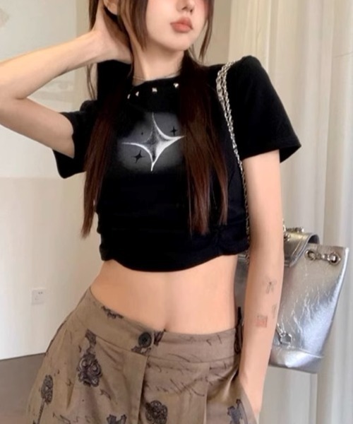 .KOM(ドットコム)の「A'GEM/9 × .kom 『.KOM/ドットケーオーエム』 ギャザークロップ半袖カットソー(Tシャツ/カットソー・レディース・ブラック/グレー・M)」の7枚目の写真