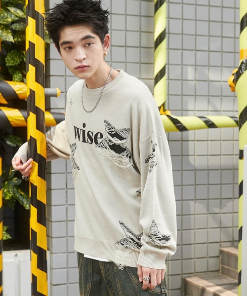 WEGO(ウィゴー)の「WEGO/ダメージジャガードニットプルオーバー(ニット/セーター・メンズ・オフホワイト/スミクロ/ブラック/グレー・MEDIUM/LARGE)」の7枚目の写真