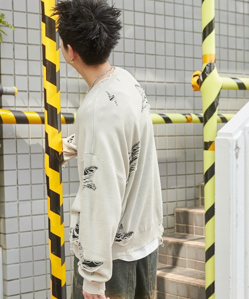 WEGO(ウィゴー)の「WEGO/ダメージジャガードニットプルオーバー(ニット/セーター・メンズ・オフホワイト/スミクロ/ブラック/グレー・MEDIUM/LARGE)」の8枚目の写真