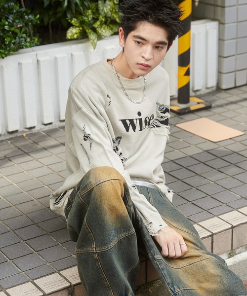 WEGO(ウィゴー)の「WEGO/ダメージジャガードニットプルオーバー(ニット/セーター・メンズ・オフホワイト/スミクロ/ブラック/グレー・MEDIUM/LARGE)」の9枚目の写真