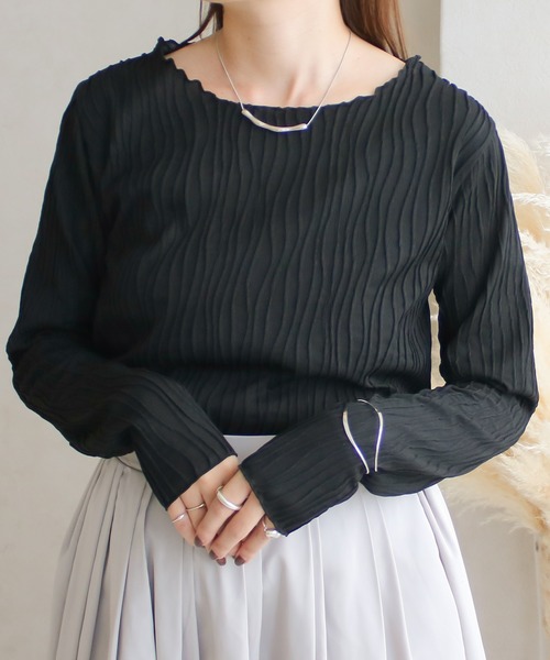 Social GIRL（ソーシャルガール）の「ウェーブジャガードロンT（Tシャツ/カットソー・レディース・ブラック/グレイッシュベージュ/アイボリー・M）」の2枚目の写真