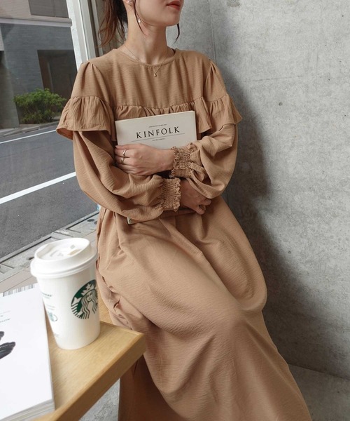 【OAK＋FORT】上品なドロップウエストドレス◎ポプリンスカート セール】ウエストドロストフリルワンピース（ワンピース