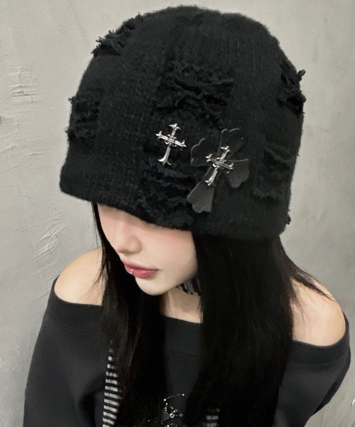 YARN バケットハット 黒 クロスモチーフ 帽子 Y.A.R.N. ニットビーニー/バケットハット/ クロス(ハット)|SPINNS