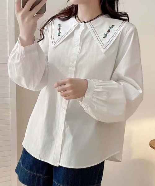 aimoha(アイモハ)の「刺繍入りビッグカラーシャツ(シャツ/ブラウス・レディース・ホワイト系その他2/ホワイト系その他3/ホワイト系その他/ホワイト・FREE)」の6枚目の写真