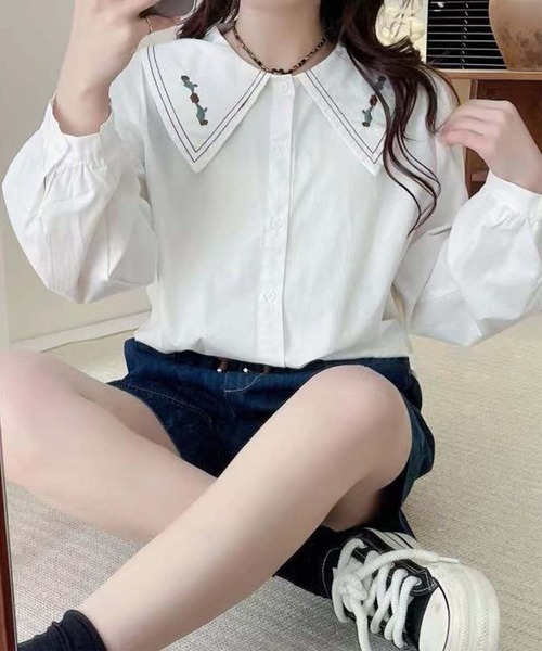 aimoha(アイモハ)の「刺繍入りビッグカラーシャツ(シャツ/ブラウス・レディース・ホワイト系その他2/ホワイト系その他3/ホワイト系その他/ホワイト・FREE)」の9枚目の写真