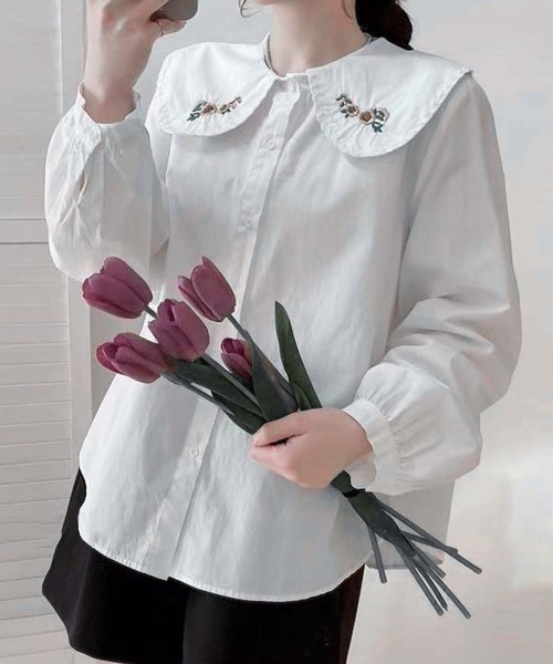 aimoha(アイモハ)の「刺繍入りビッグカラーシャツ(シャツ/ブラウス・レディース・ホワイト系その他2/ホワイト系その他3/ホワイト系その他/ホワイト・FREE)」の11枚目の写真
