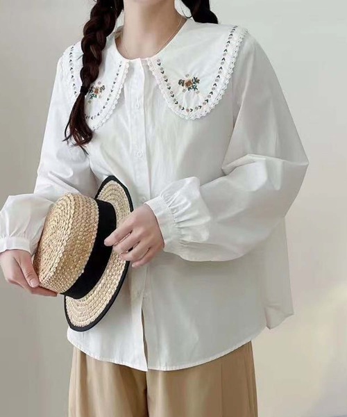 aimoha(アイモハ)の「刺繍入りビッグカラーシャツ(シャツ/ブラウス・レディース・ホワイト系その他2/ホワイト系その他3/ホワイト系その他/ホワイト・FREE)」の12枚目の写真