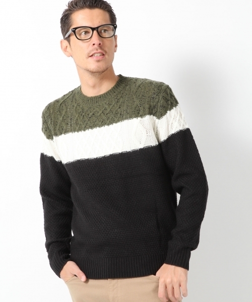 GLOBAL WORK（グローバルワーク）の「5ゲージケーブルバイカラープルオーバー/568277（ニット/セーター・メンズ・ブラック/カーキ/ダークブルー・X-LARGE/LARGE/SMALL/MEDIUM）」の3枚目の写真