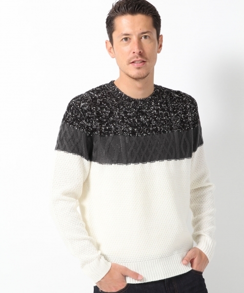 GLOBAL WORK（グローバルワーク）の「5ゲージケーブルバイカラープルオーバー/568277（ニット/セーター・メンズ・ブラック/カーキ/ダークブルー・X-LARGE/LARGE/SMALL/MEDIUM）」の2枚目の写真