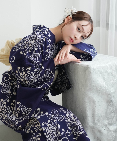 浴衣3点セット utatane ダークネイビー 浴衣3点セット 紺地に鉄線の花（浴衣）｜utatane（ウタタネ）の
