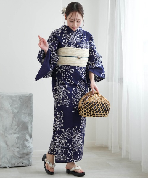手染め注染浴衣3点セット utatane×注染工房 染めベージュ 藍色に