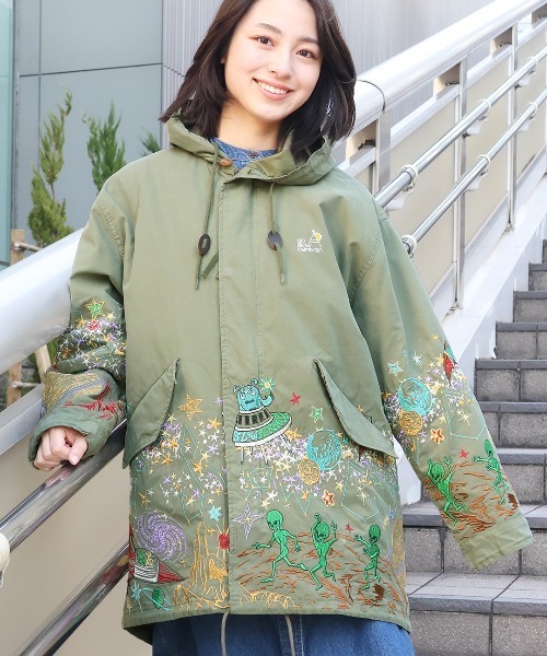 go slow caravan コットンナイロンパネル刺繍モッズコート【WEB