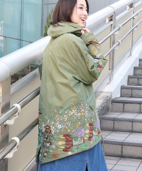 go slow caravan コットンナイロンパネル刺繍モッズコート【WEB限定
