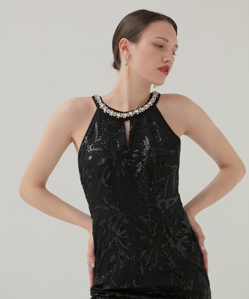 セール】【LEJA LUXE】ビジューホルターネックボタニカルマーメイド