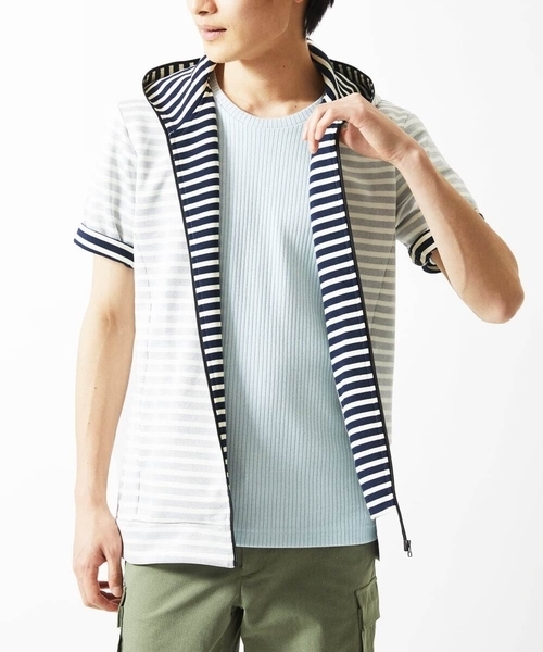 MK MICHEL KLEIN HOMME （エムケーミッシェルクランオム）の「【吸水性・伸縮性◎】バッグリップボーダーパーカー（パーカー・メンズ・ネイビー/ブルー・48/46/51）」の2枚目の写真