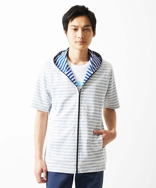 MK MICHEL KLEIN HOMME （エムケーミッシェルクランオム）の「【吸水性・伸縮性◎】バッグリップボーダーパーカー（パーカー・メンズ・ネイビー/ブルー・48/46/51）」の6枚目の写真