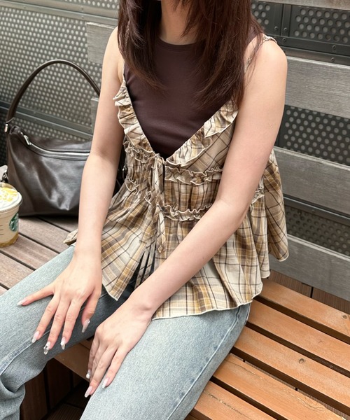 RAY CASSIN（レイカズン）の「【セットアップ対応/前後2way】チェックリボンペプラムキャミ（シャツ/ブラウス・レディース・ベージュ系その他2/ブラック系その他2/ブルー系その他2・FREE）」の13枚目の写真