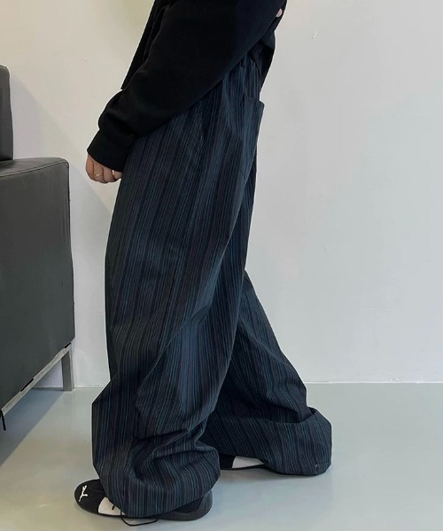 Y2K ルーズ ストライプ ドレープライン ワイドパンツ