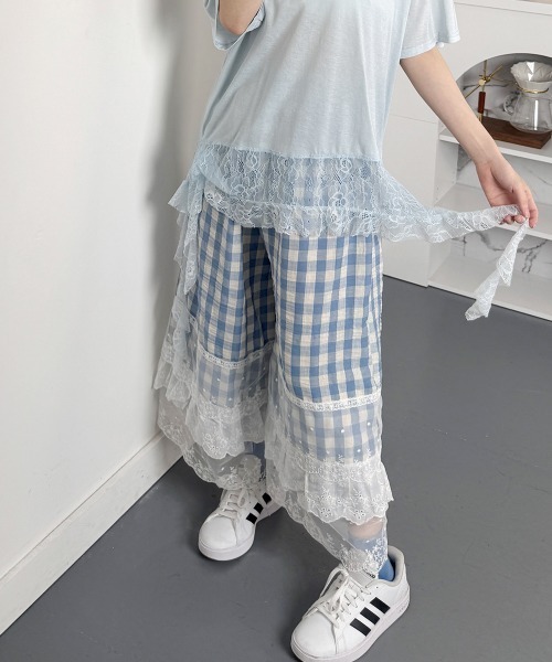 ギンガムチェック ワイドパンツ レース付き セール】ギンガムチェック レース ワイドパンツ（その他パンツ