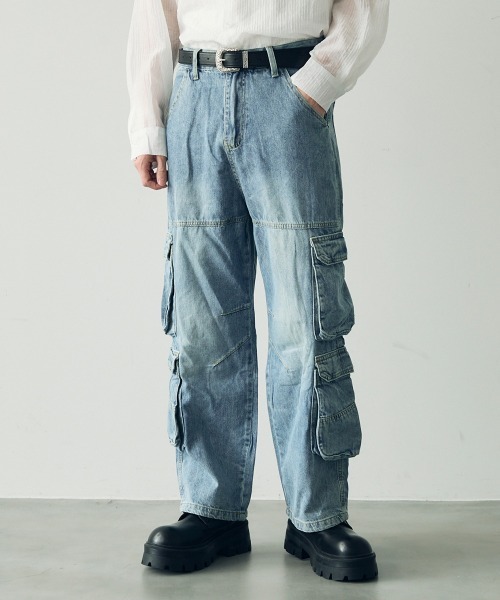 Shoowtime（ショウタイム）の「Vintage Wash Denim Cargo Pants / ビンテージウォッシュデニムカーゴパンツ（デニムパンツ・メンズ・ライトブルー・MEDIUM/LARGE/X-LARGE）」の3枚目の写真